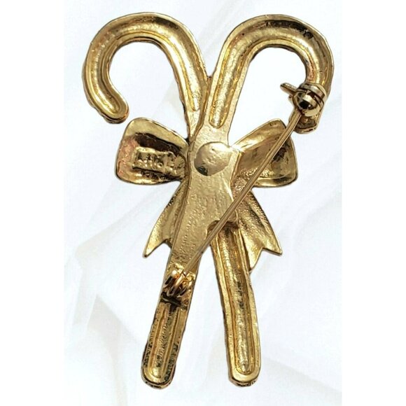 VTG Double Candy Cane Brooch Pin Christmas Enamel Glitter Gold Stripes Bow AAi - Picture 2 of 8